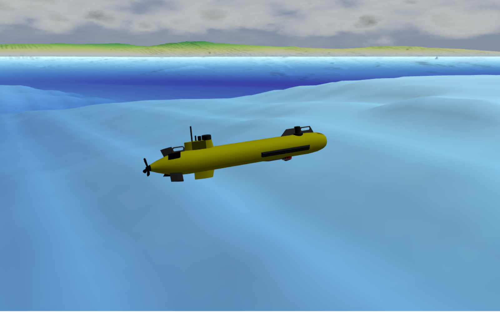 The ECA A9 autonomous underwater vehicle within the Gazebo underwater simulation environment.